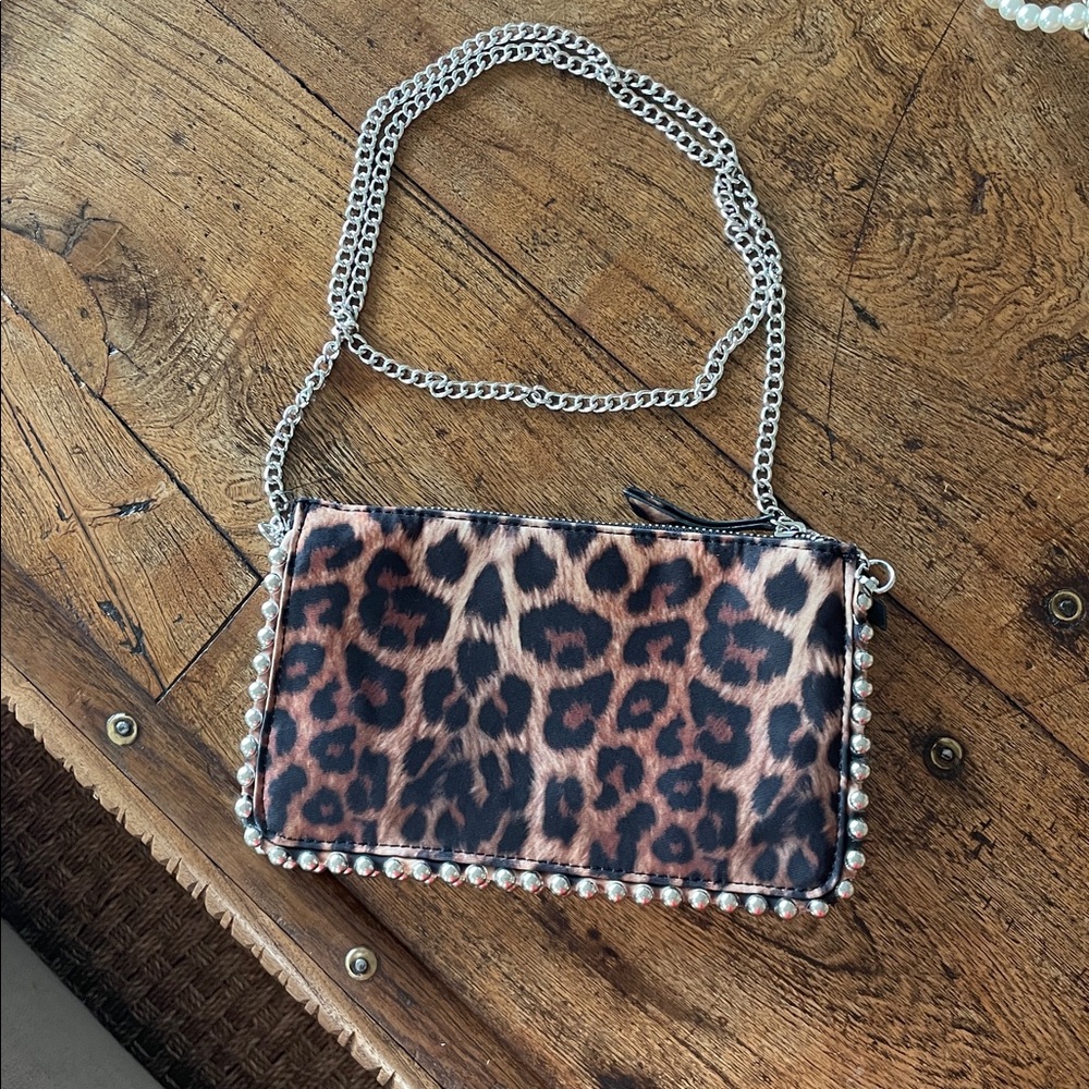 Leopard Print Chain Crossbody Clutch - Brown